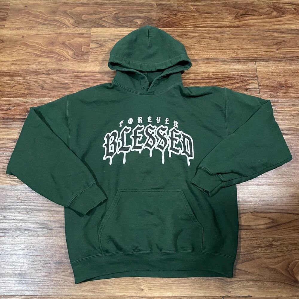 Popular Poison Forever Blessed Hoodie Graphic Print Green Cotton Blend Men's M